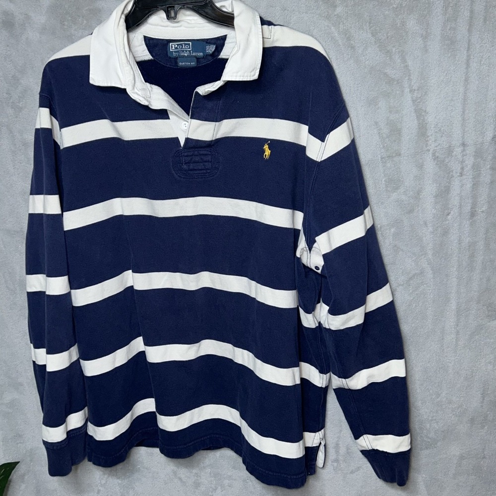 Polo Ralph Lauren Rugby Shirt Mens XXL Navy White Stripe Brushed Fleece Cotton